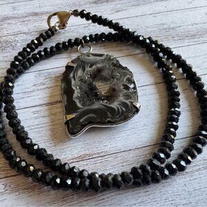 16” Faceted Black Onyx Necklace with a Black Agate Druzy Geode and Stirling Silv